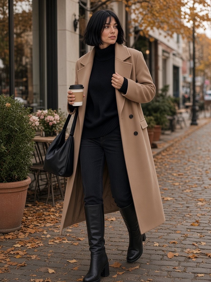 Woman with a black bob on a cobblestone café street holding a coffee and adjusting her lapel, wearing a classy winter outfit: open long camel double-breasted coat, relaxed black turtleneck sweater, black straight jeans, and black chunky block-heel knee-high boots