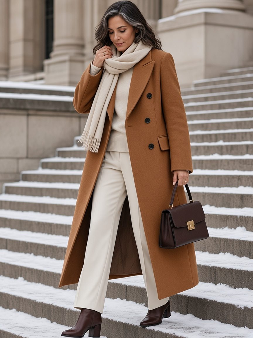 Woman on snowy stone museum steps in an open long double-breasted wool trench coat in warm suede brown with peak lapels and black buttons, a cream crewneck sweater, off-white tailored trousers, dark brown block-heel ankle boots, a dark brown top-handle bag, and a cream scarf
