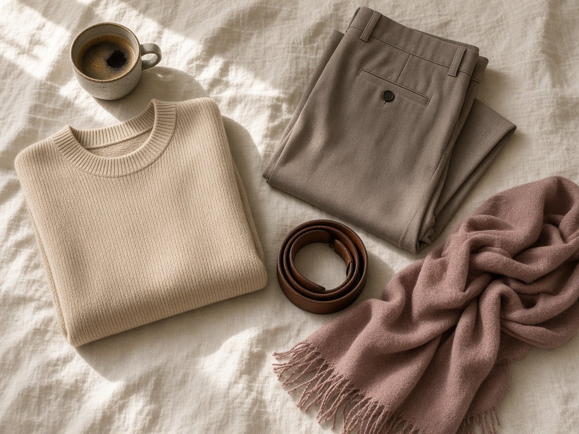 Flat lay of a beige sweater, taupe trousers, brown leather belt, and muted pink scarf on cream linen beside a cup of coffee