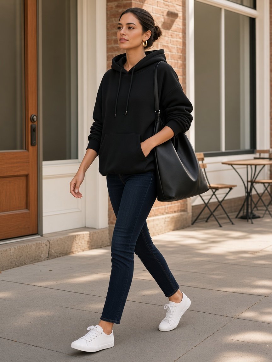 Woman walking past a café in an oversized black pullover hoodie, slim dark indigo jeans, white low-top lace-up sneakers, gold hoop earrings, and a black slouchy shoulder tote