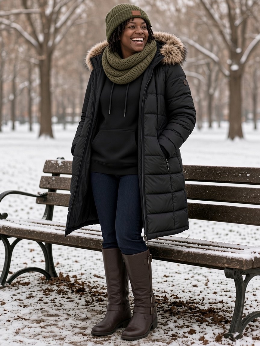 Woman with short locs laughing beside a snowy park bench wearing a cold-weather winter outfit: long black puffer parka with a faux-fur-trimmed hood, black hoodie, olive knit beanie and chunky olive knit scarf, the parka open over the hoodie, dark blue straight jeans, and dark brown knee-high buckle boots