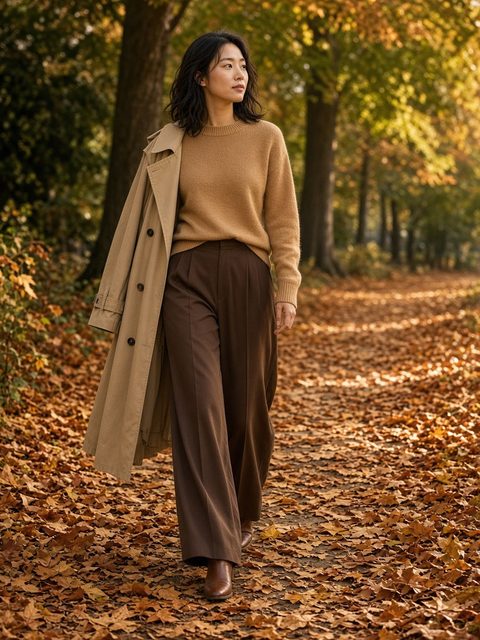 Woman walking a leaf-covered park path in a camel sweater and chocolate wide-leg trousers, a beige coat draped over one shoulder, and brown ankle boots
