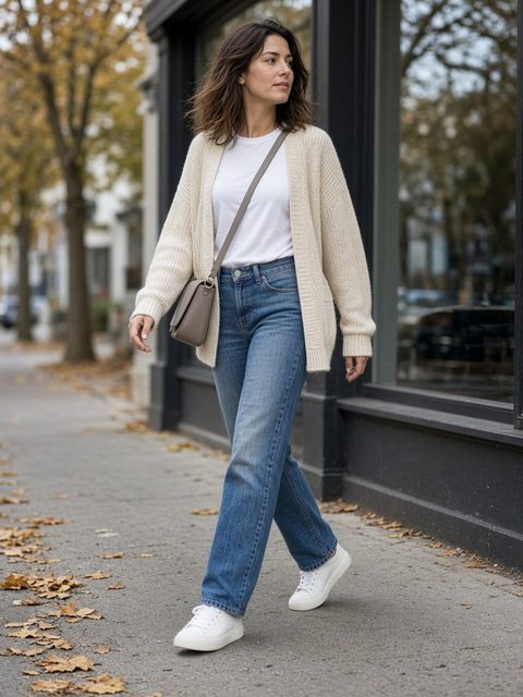 Woman walking down a city sidewalk in a cardigan sweater outfit: open cream cardigan, tucked white tee, mid-wash straight jeans, and white sneakers with a taupe crossbody bag